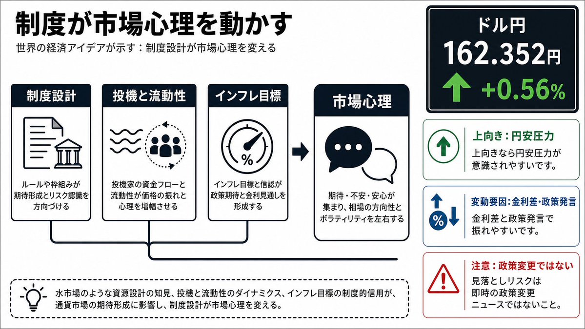 0xlookOut's tweet photo. 7月8日の経済企画は、制度が市場心理を動かす点を映します。
投機家や流動性、インフレ目標の話は見落とせません。
ドル円は162.352円、+0.56%で円安圧力が意識されます。
政策変更ではありませんが、金利差と発言で振れやすい局面です。 https://t.co/nBerQeGdHp