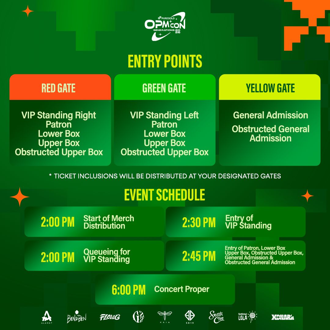 Puregold_PH's tweet photo. CHECKPOINT:

Ready your VISA– ay your tickets pala 🤭 at alamin kung saan, kailan, at paano makakapasok sa venue!

Read carefully! Ito na ang admission guidelines, admission process, event schedule and entry points ✨

Note from Ninang P: In anticipation of the possible typhoon, we’re encouraging the early queue and entry to the venue para nakasilong na sana kayo (since heavy rains are predicted, 4pm onwards)

We also prepared some pre-show activities & pa-prizes para maaliw-aliw tayo sa loob ☺️ food stalls and restrooms will also be available during such time.

Rain or shine, tuloy ang laverrrn! 🎶

#PuregoldOPMConGenerations2026
#AlwaysPanalo