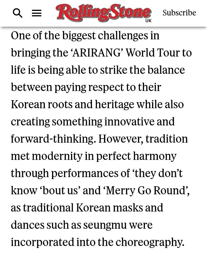 rize07addict's tweet photo. Rolling Stones UK Critics praise #BTS for blending modernity with tradition by incorporating traditional Korean folklore elements like the 'Seungmu'(the famous "Monk's Dance") and 'Tal' (traditional wooden masks deeply tied to Korea's folk history) into their stage performances of "they don't know bout us" and "Merry Go Round".
https://t.co/EgPCvcELvi