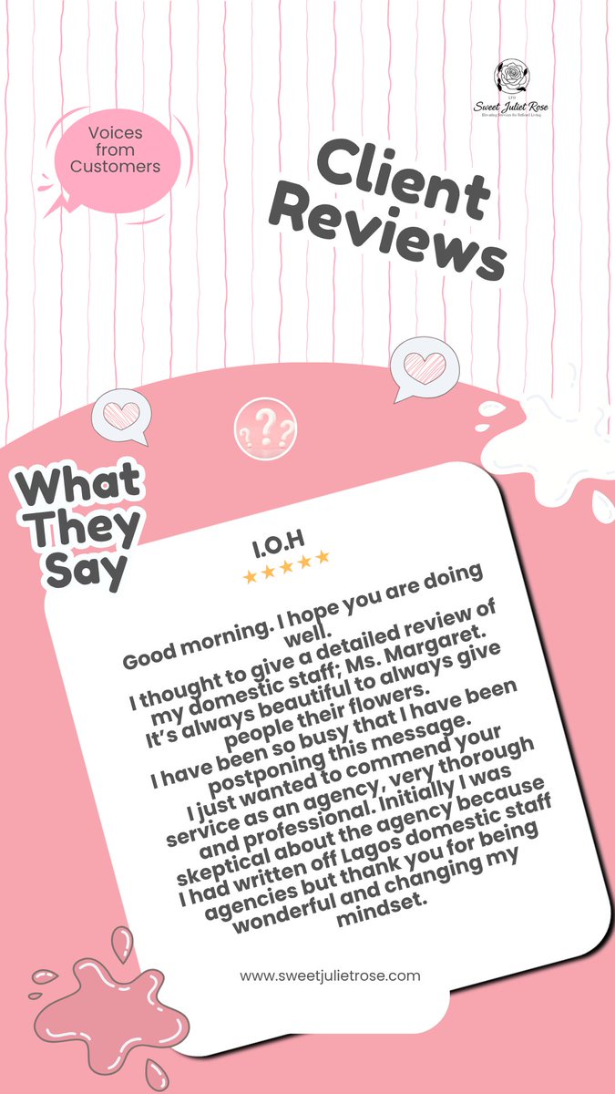 Julietsweetrose's tweet photo. Every review reminds us why we do what we do. ❤️

Nothing means more than earning the trust of our clients. We're grateful for this heartfelt feedback and even happier to know that Margaret has been making such a positive impact in her employer's home. https://t.co/M336VSBzCB