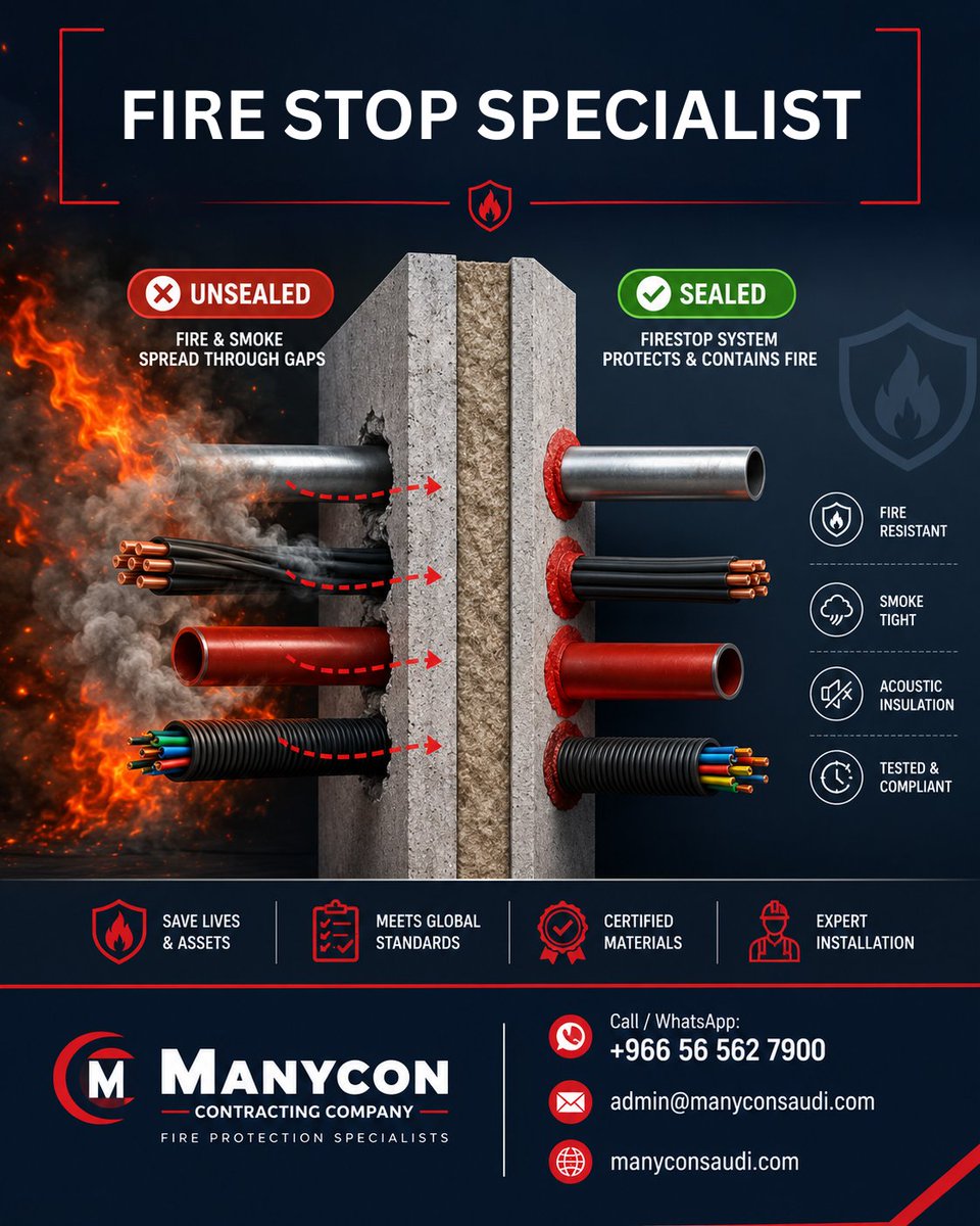 Manycon_KSA's tweet photo. ⚠️ One unsealed penetration voids your whole fire rating.
Pass inspection the first time. ✅
📞 +966 56 562 7900 | +966 56 628 8013
#Firestop #Compliance https://t.co/KpZFR0Rbdq