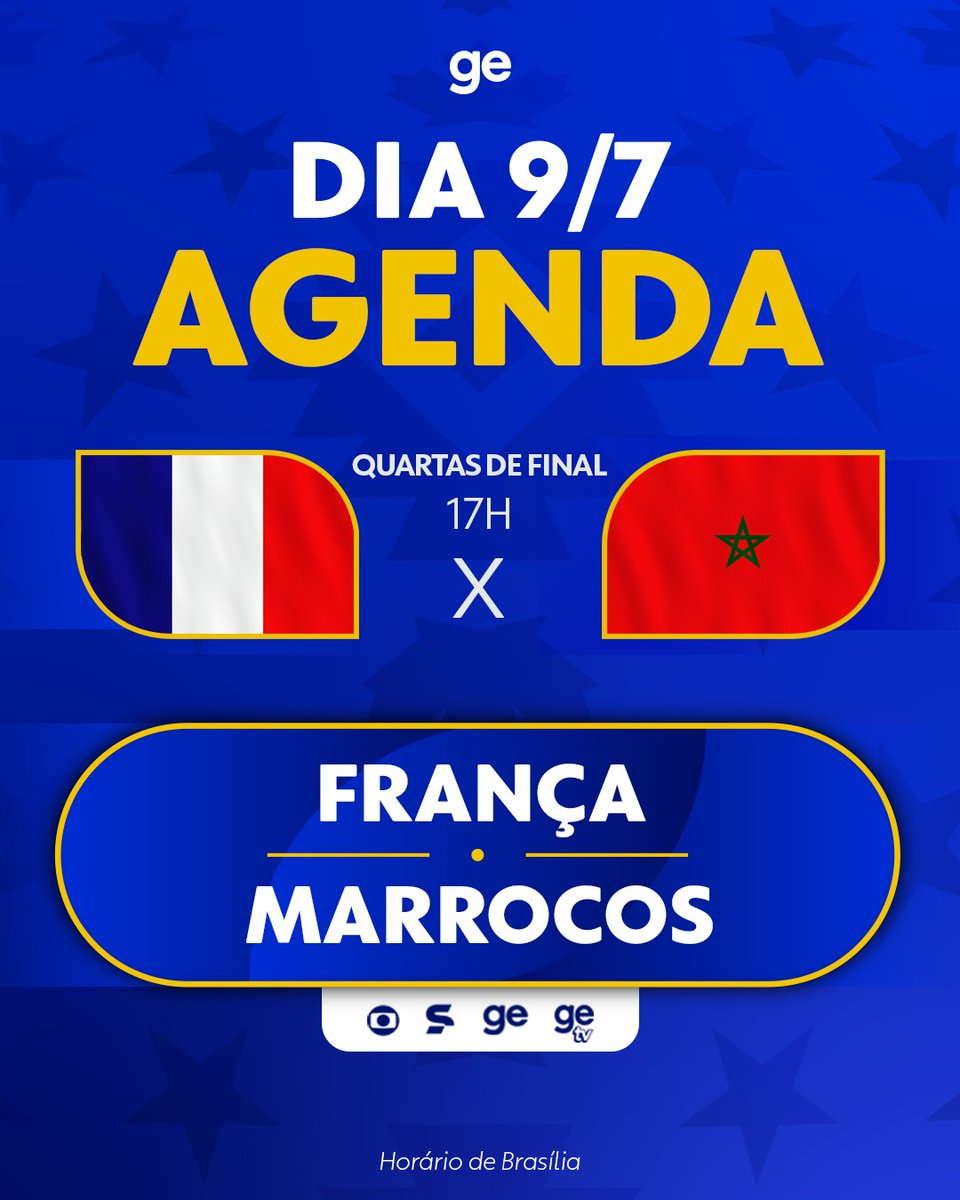 geglobo's tweet photo. PRIMEIRO JOGO DAS QUARTAS! 🤩 Quem passa: França ou Marrocos? 

#CopaNaGlobo #ge2026 #futebol #agenda #franca #marrocos https://t.co/0YXTZDTDHk