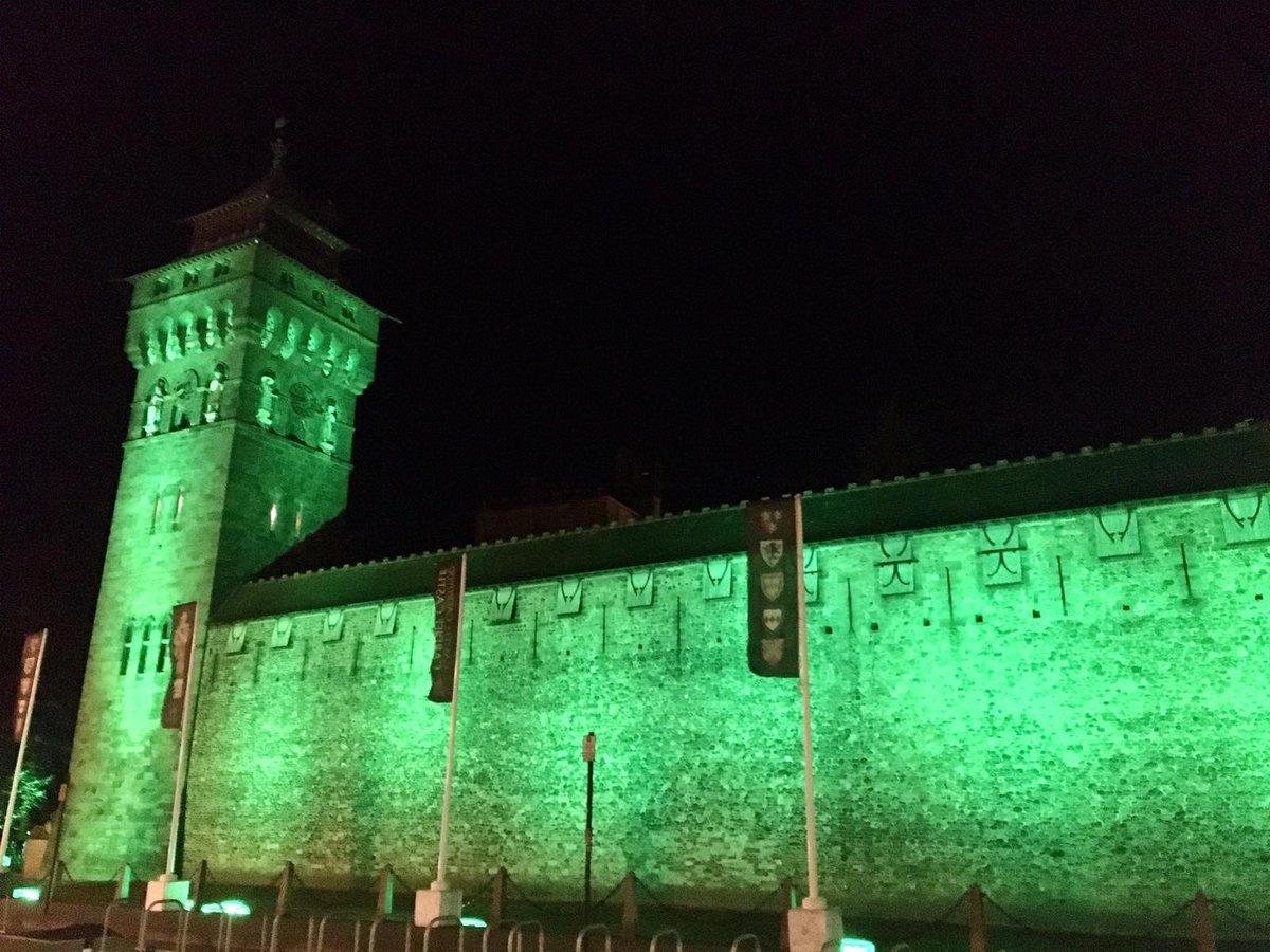 cardiffcouncil's tweet photo. Tonight, Cardiff Castle will be illuminated in green and the @SrebrenicaWales flag flown in remembrance of more than 8,000 mainly Muslim men and boys murdered in the #BosniaGenocide in #Srebrenica 31 years ago. 

#WeAreHere https://t.co/U846JgmI7G