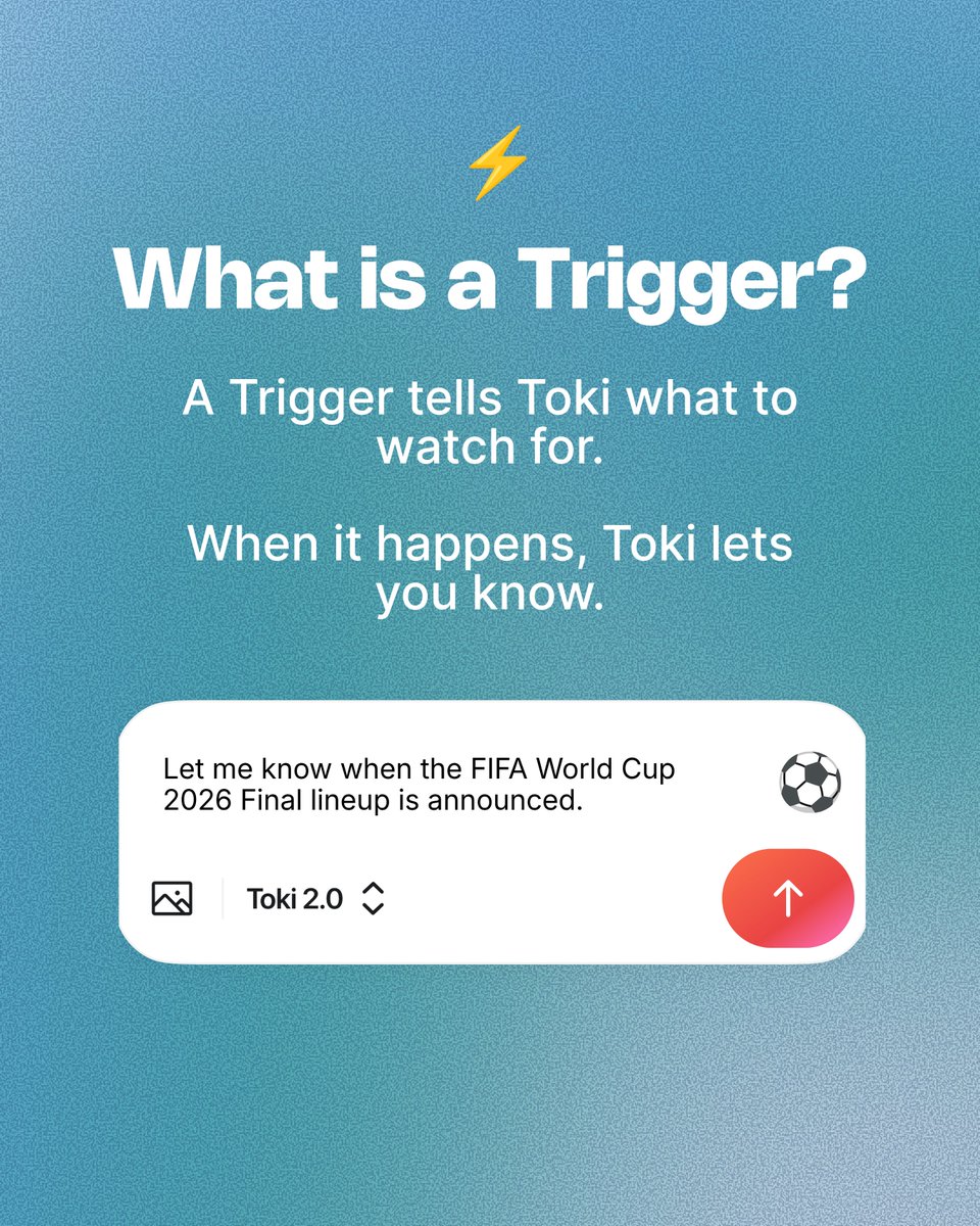 toki_global's tweet photo. Instead of checking over and over, let Toki do it for you.

Just create a Trigger, and Toki will let you know when it's time to act.

✨ Try Toki free at https://t.co/SpDVlCM10L.

#AISchedulingAndTask #TaskManagement #ProductivityTools #TimeManagement #AIAssistant https://t.co/ThpQApAGXw