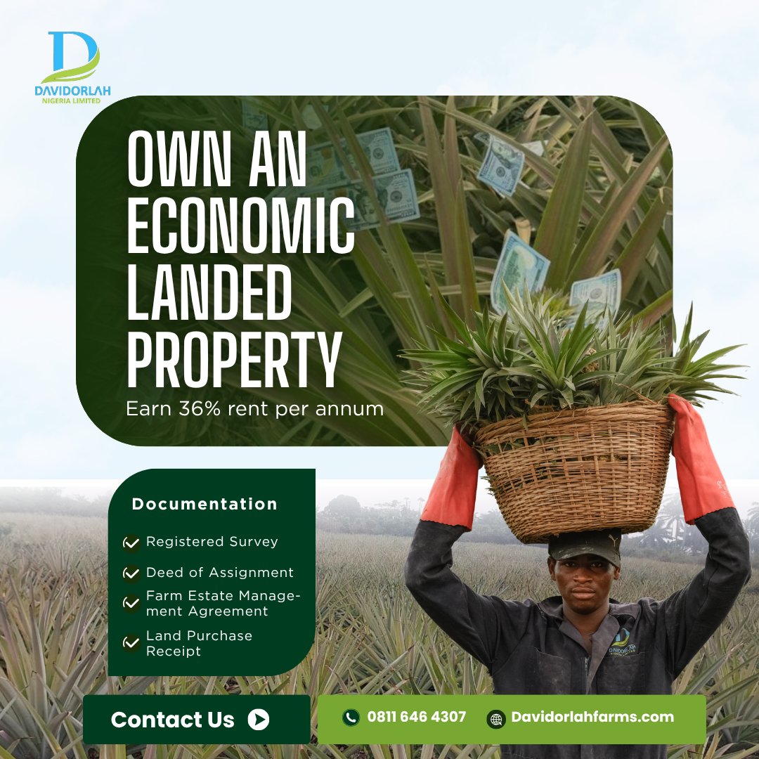 davidorlah's tweet photo. Davidorlah Nigeria Limited's Agri Real Estate Investment is an asset backed vehicle that gives you the opportunity to purchase a farmland and earn yearly rent of 36% ROI on your farm purchase while we manage the farm land for you.

This is REAL estate not a ponzi scheme. https://t.co/NS36WPpXvY