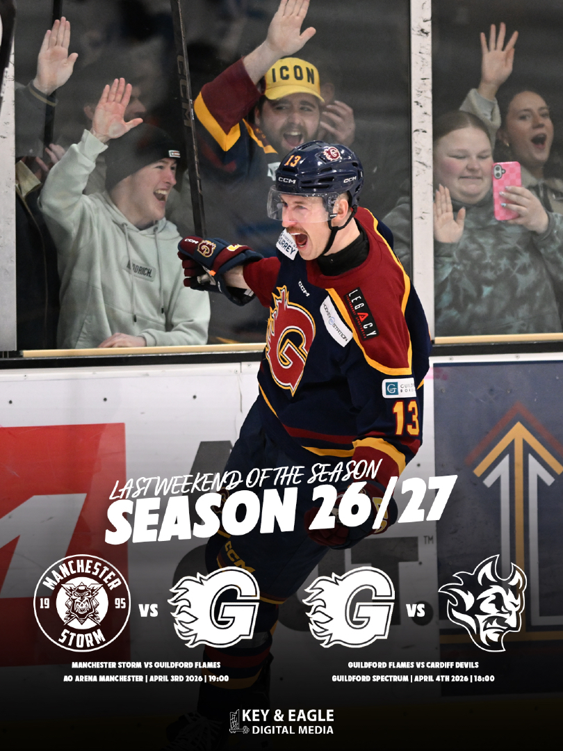 flamesicehockey's tweet photo. 💪 𝗙𝗜𝗡𝗜𝗦𝗛 𝗦𝗧𝗥𝗢𝗡𝗚 🔥

The final weekend of the 2026/27 regular season is set!

🛣️ Friday 3 April
📍 AO Arena, Manchester
🆚 Manchester Storm
⏰ 19:00 Face-Off

🏠 Saturday 4 April
📍 Guildford Spectrum
🆚 Cardiff Devils
⏰ 18:00 Face-Off

⏰ Don’t forget to set those alarms… the 𝗙𝗨𝗟𝗟 2026/27 fixture list drops tomorrow at 10:00!

#Guildford | #FlamesIHC | #IceHockey