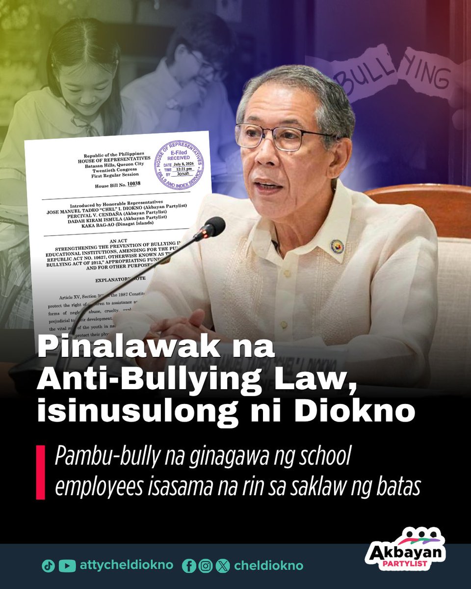 ChelDiokno's tweet photo. Hindi dapat maging normal ang pambubully sa loob ng paaralan.

Kaya naghain tayo ng Expanded Anti-Bullying Act (House Bill No. 10038). Sa panukalang ito:

✅ Isasama sa coverage ang colleges, universities, at technical-vocational schools
✅ Palalawakin ang depinisyon ng bullying, kabilang ang panghihiya, pagbubukod, at diskriminasyon
✅ Magtatatag ng Student Support Teams sa mga paaralan
✅ Magkakaroon ng mas malinaw at ligtas na complaint process
✅ Palalakasin ang mental health support at training ng school personnel
✅ Saklaw ang pambu-bully na ginagawa ng school employees, teaching man o non-teaching personnel
✅ May pananagutan ang mga school officials na hindi susunod sa batas

Ilan sa mga repormang ito ay nakapaloob na sa DepEd Order No. 006, s. 2026 at sa revised Implementing Rules and Regulations ng Anti-Bullying Act. Sa pamamagitan ng ating panukala, magiging permanente ito sa batas.

Ang paaralan ay dapat lugar ng pagkatuto, hindi ng takot. Ipaglaban natin ang mas ligtas na espasyo para sa ating mga anak!