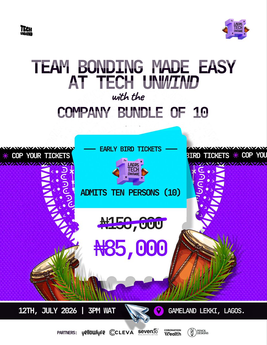 techunwindng's tweet photo. Team bonding, but make it an owambe.

Treat your team to an experience they'll actually talk about on Monday.

💼 Company Bundle available. 🎟️ Early Bird: ₦85,000 (Ends July 10)

Link in bio. https://t.co/E0S3avnGTg