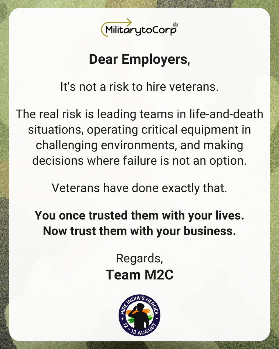 Mil2Corp's tweet photo. Skills can be taught. Character can't.
Veterans bring integrity, resilience, and leadership forged through years of service.
Meet exceptional talent at #HIH – Hire India's Heroes, India's largest virtual veteran hiring event this August.
https://t.co/3C9sJLDSBx https://t.co/AgfzFbKpFK