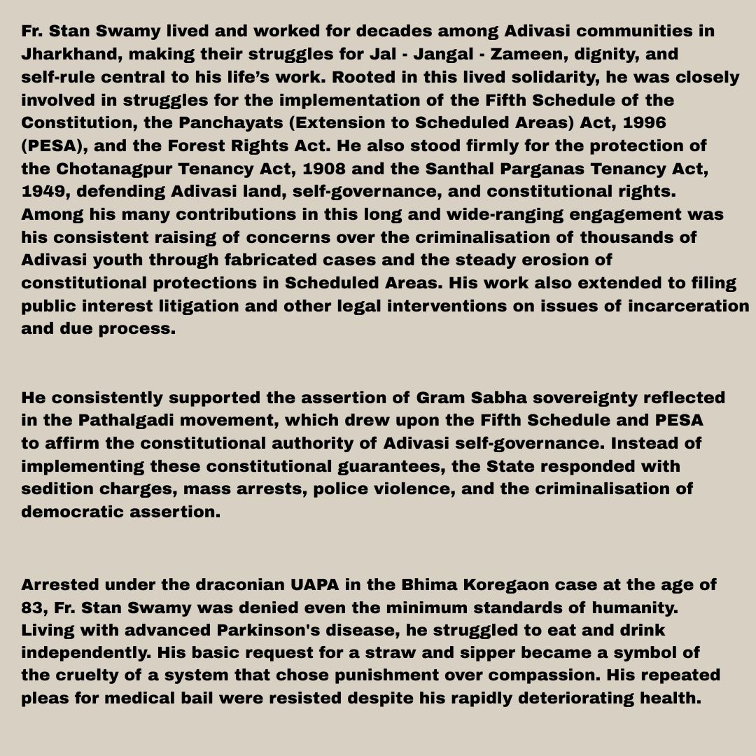 napmindia's tweet photo. Remembering Fr. Stan Swamy :Five Years Since His Custodial Death 
“A Caged Bird Can Still Sing”
NAPM pays its deepest tribute to Fr. Stan Swamy, a steadfast companion of Adivasi struggles , defender of constitutional democracy and people’s rights. https://t.co/KxhD9tmMgE