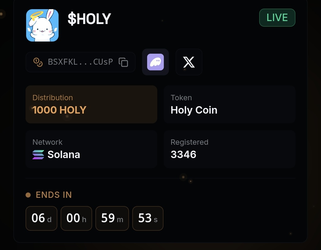 bashorunedward's tweet photo. 🔥 $Holy Airdrop!

⏱️Deadline; 6Days

•Apply here; https://t.co/xp0rJ5oHVp
•Complete tasks
•Submit Solana your Address

That's all. https://t.co/FPKE2XapIN