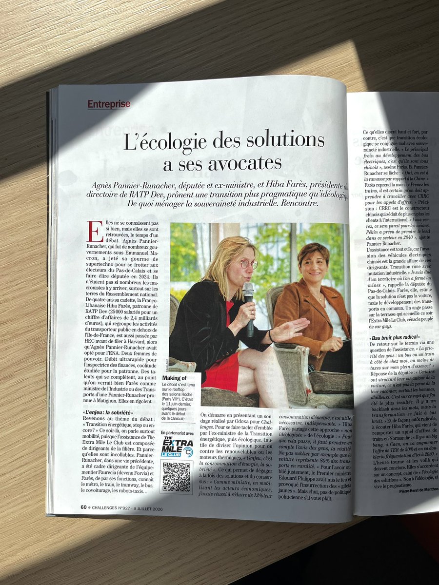 AgnesRunacher's tweet photo. « L'écologie des solutions a ses avocates. » - Notre rencontre avec Hiba Farès, présidente du directoire RATP Dev, dans Challenges, où nous prônons une écologie pragmatique plutôt qu'idéologique.

Convaincues que l’enjeu n'est pas d'opposer écologie et économie, mais de faire de l'une un levier pour renforcer l'autre.