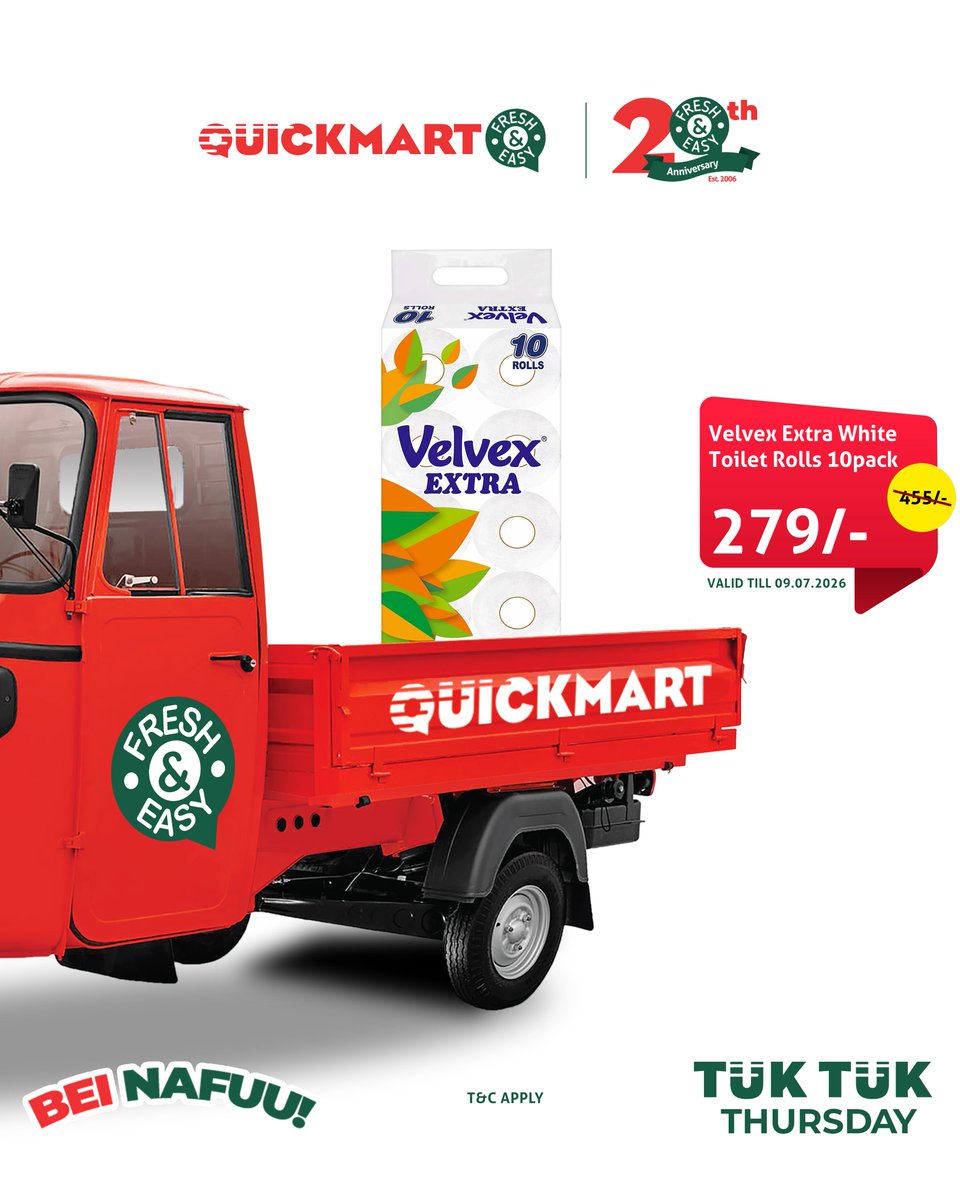 QuickmartKenya's tweet photo. ⏰ Tick. Tock. It's TukTuk Thursday! Your favorite products are on offer for one day only. Don't wait until "later"—later might be too late!

*Valid ONLY TODAY!

Shop online from our website https://t.co/6KkQEljJvp

Download the app https://t.co/bf1Ad9HiLB

#TukTukThursday
#ShikaMore
#20YearsTogether
#BeiNafuu
#FreshAndEasy