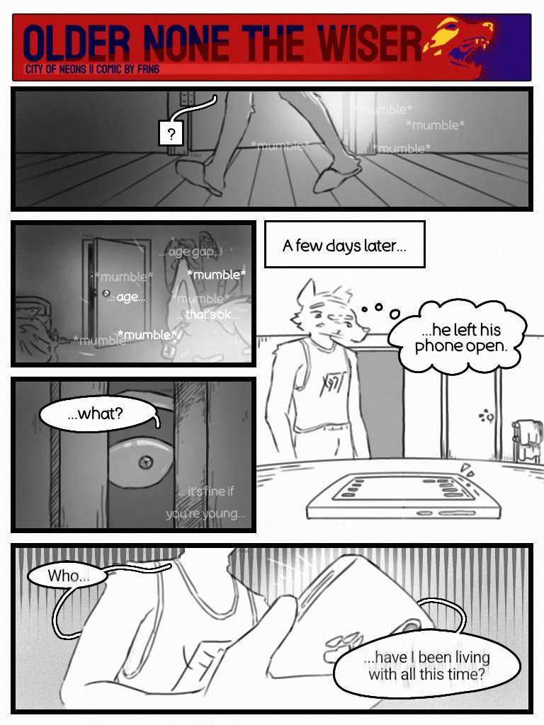foren_six's tweet photo. "Older, None the Wiser"
City of Neons Comic #2

(Content Warning: pdfs)

#furry #furryart #furrycomic https://t.co/6y1PwCrdOp