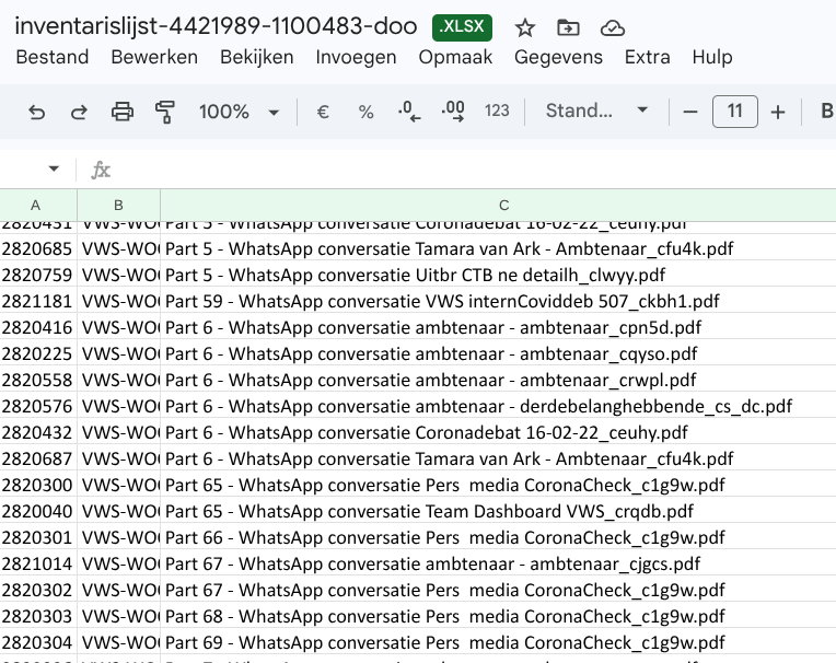 Transparangst's tweet photo. Kijk even mee hoe moeilijk VWS het maakt!

De eerste afbeelding is de inventarislijst van het meest recente besluit (https://t.co/tiAWRsyK8O). 
De titels van elk document zijn opgebouwd met Part [volgnummer] - Whatsapp conversatie [naam groep].

Daardoor kan je meerdere documenten uit hetzelfde gesprek niet makkelijk bij elkaar krijgen en logisch sorteren. 

Slim he van VWS?

Maar gelukkig maakt niet alleen VWS gebruik van AI!

Als je de inventarislijst én de zip-file met alle documenten aan Claude geeft kan je dus netjes leesbaar het hele gesprek gewoon in een Word bestand krijgen. 

Zo vinden en lezen we veel makkelijker wat voor narcist Hugo is (niets nieuws natuurlijk).
