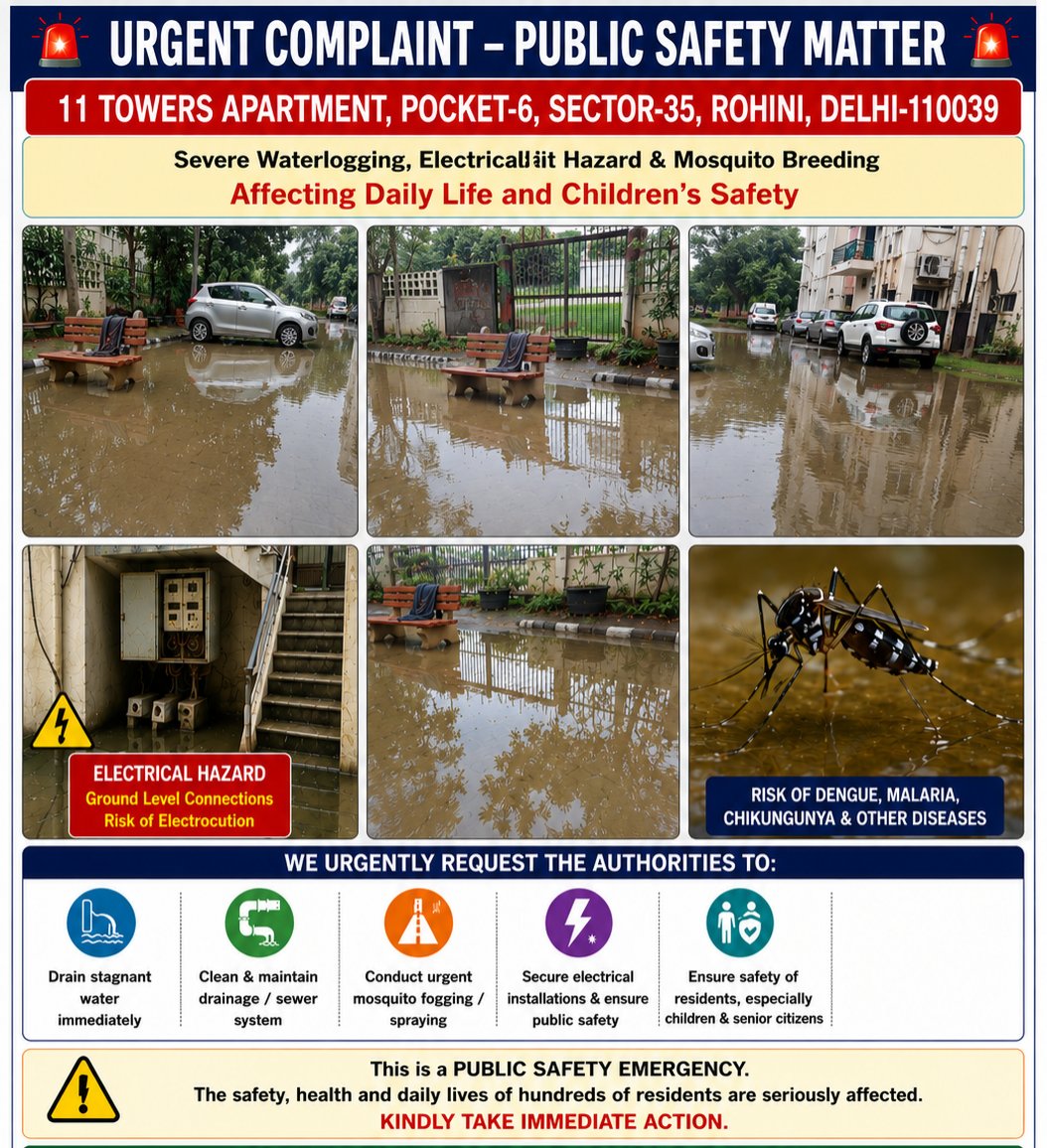 11towers's tweet photo. Severe waterlogging is creating serious health and safety risks.
School-going children and residents are badly affected.
Ground-level electrical panels pose a potential electrocution hazard.
MCD, DDA, DJB &amp; Tata Power-DDL: Please take immediate action. https://t.co/pHEBSrJzrb