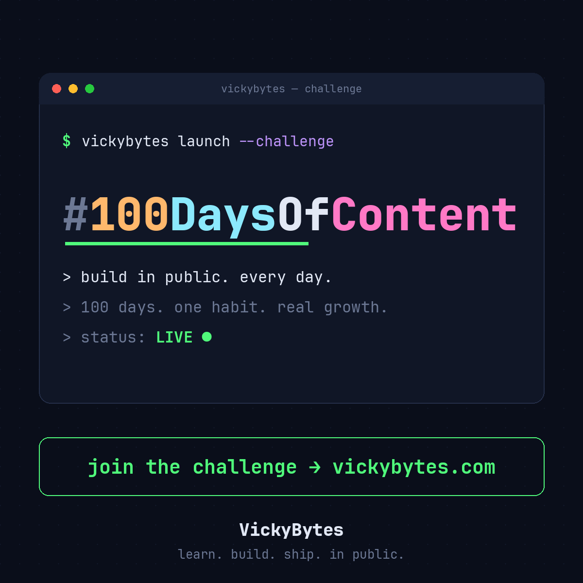 vickybytes's tweet photo. We have launched #100DaysOfContent on VickyBytes. 🚀
100 days. One post a day. Build in public.
The rules are simple:
✅ Write what you learn
✅ Show what you build
✅ Stay consistent for 100 days
And yes — the most consistent creator wins an iPad. 🏆
But honestly? The real prize is the audience, portfolio, and habit you'll build along the way.
Day 1 starts now. Are you in?
👉 https://t.co/9lYasLarv9
#BuildInPublic #DevCommunity #VickyBytes #100DaysOfContent #Developers