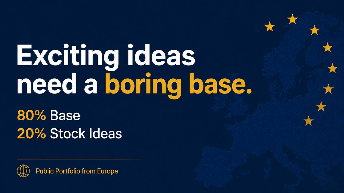 DurableProfitDP's tweet photo. My European public portfolio: exciting ideas need a boring base.

I like companies like SpaceX and NVIDIA.

That is why I have my 20% Stock Ideas part.

But I don’t want my whole financial future to depend on exciting ideas.

My 80% Base Portfolio does the heavy work:

developed markets,
emerging markets,
small caps,
short-term bonds,
gold.

This part is not here to impress anyone.
It is here to keep the plan alive when the market gets ugly.

Then the Ideas part can do its job:
take calculated risks without turning the whole portfolio into one big bet.

That is the balance I want.

You can see my full portfolio in the pinned post on my profile.

This is not financial advice and I’m not pretending to be a guru. Just showing what I do with my own money.