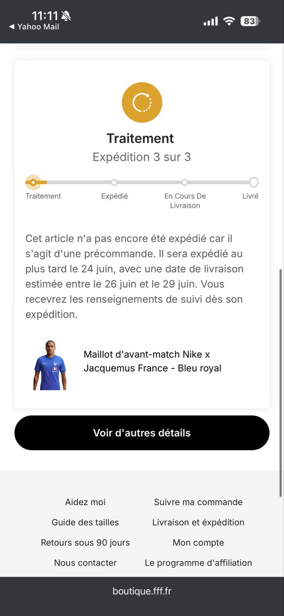 essylubvs's tweet photo. Bonjour @FFF vous comptez livrer mon maillot quand ? Livraison estimée le 29 juin on est sur 2 semaines de retard + 0 information + pas de réponse à un mail envoyé le 1/07
Le tout pour une commande le 11 juin https://t.co/J1xhgLkgop