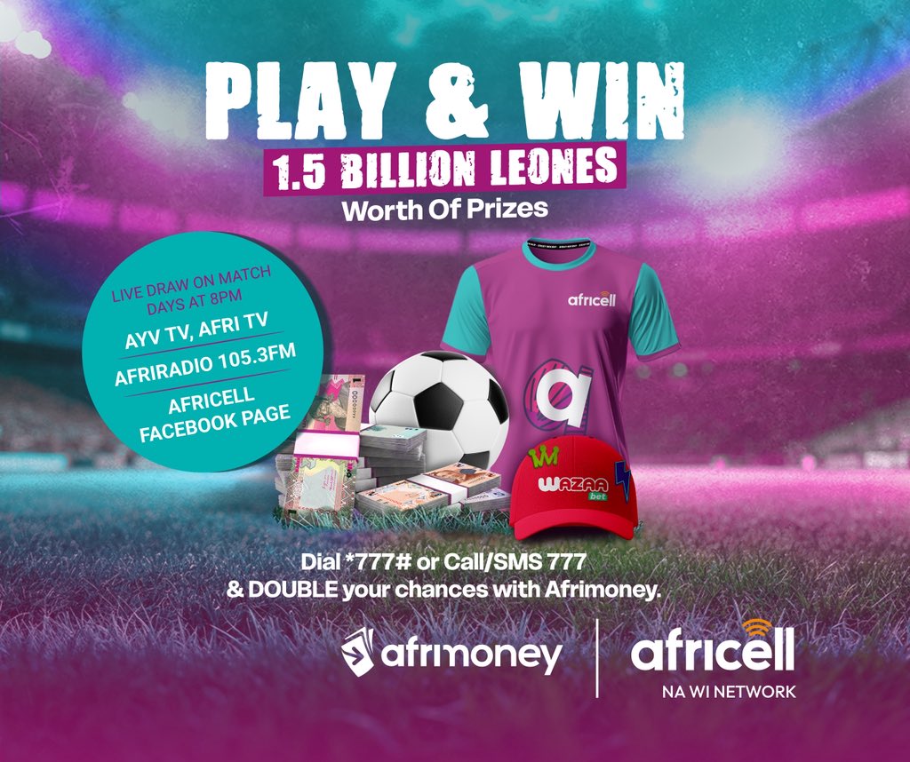 AfricellSalone's tweet photo. Grab your chance to WIN from the 1.5 BILLION LEONES worth of prizes up for grabs in this world’s biggest football tournament⚽️ with #Africell🤩.
You can get cash💰, jerseys, and even more exciting prizes in our Play and Win Promo🎁.
Dial *777# or Call/SMS 777 & DOUBLE your chances of winning using #Afrimoney😉.
Tune in to the show at 8PM⏰ every match day LIVE on AYV TV, AfriTV Channel 23📺, #AfriRadioSL 105.3FM📻, and our FB Page💜.
Terms & Conditions Apply🙏🏾.
#PlayAndWin
#AfricellSL
#DiNetwork4U
#SaloneTwitter
#SaloneX