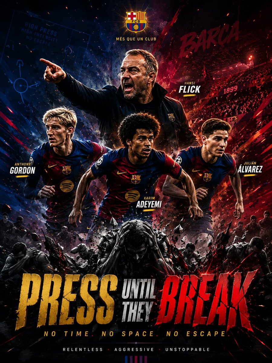 AbdBaomar's tweet photo. PRESS UNTIL THEY BREAK.
Hansi Flick's philosophy. Relentless intensity. No time. No space. No escape.
 🔵🔴🔥
@FCBarcelona @BarcaUniversal @ManagingBarca @Barca_Buzz @reshadeco @AntoGordon10 
@karim_adeyemi
@alvarezzzz9 
#FCBarcelona #Barca #ViscaBarca https://t.co/tTDiPvQpoZ