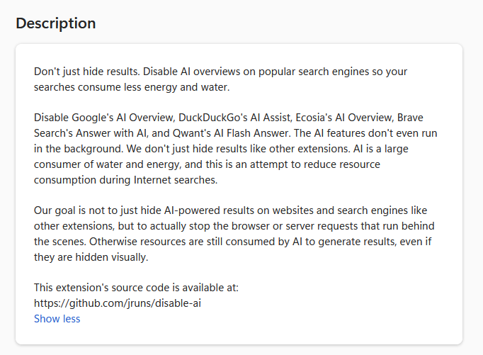 ezotranslation's tweet photo. PSA: You can Disable AI in your internet browsers!
You don't have to have AI Overviews forced on you.
I recommend a browser extension called "Disable AI" by jruns. It disables AI from even running in the background when you use Google.
#AntiAI #NoAI https://t.co/lZT5fNWMzx