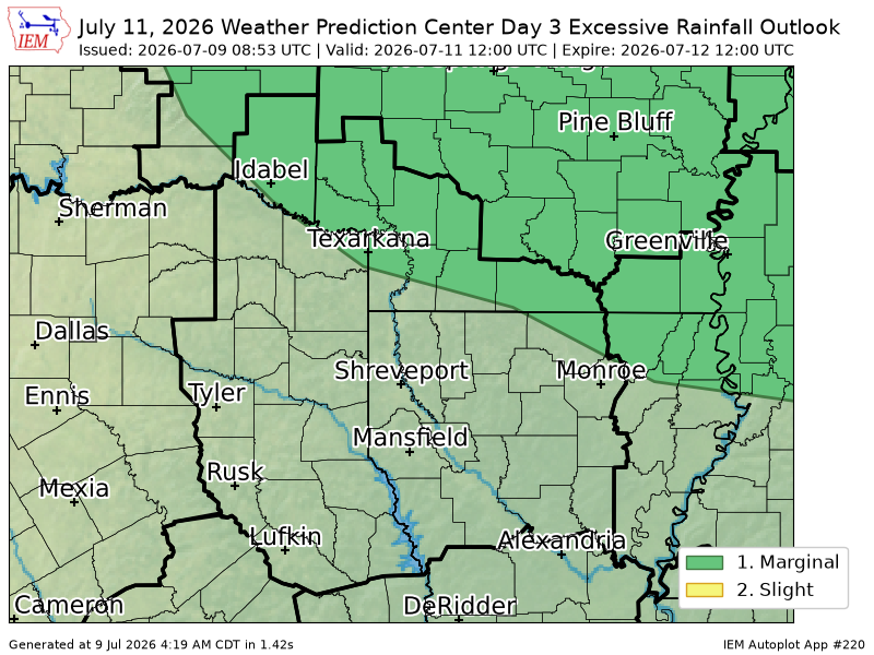 ArkLaMissWX's tweet photo. WPC issues Day 3 Marginal Risk Excessive Rainfall Outlook at Jul 9, 8:53z for SHV https://t.co/SrLeBFUCzU https://t.co/Z1lPF2JgBw
