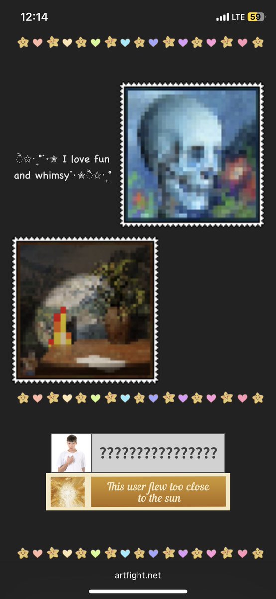 moonlght22oa's tweet photo. after years of a basic bio, my artfight has been #improved (I went crazy with stamps) https://t.co/7HdxnfoPtP