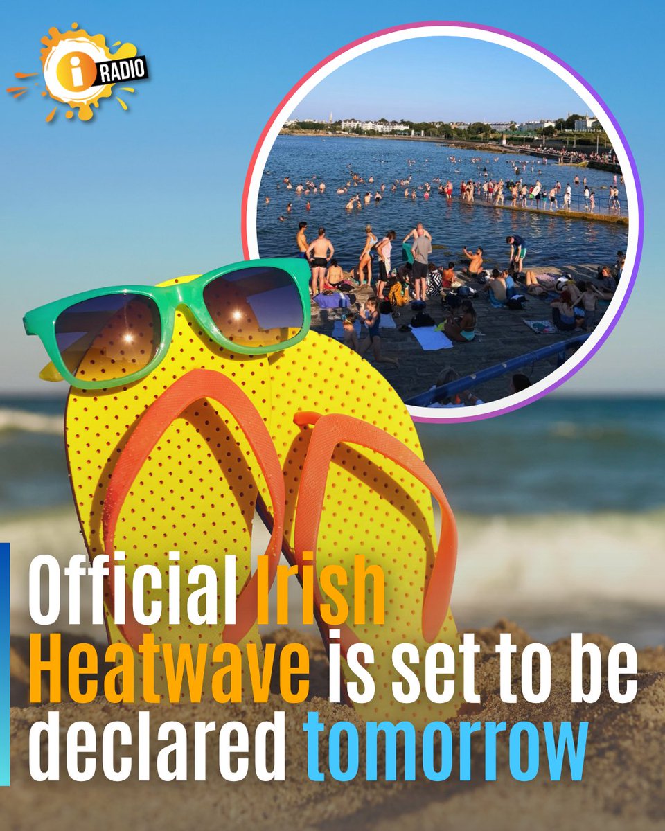 ThisisiRadio's tweet photo. We may officially be in heatwave territory 😎 

If the mercury passes 25 degrees for a fifth day in a row (which is expected 🙏) Ireland will officially be in Heatwave conditions.

People are being advised to stay hydrated, put on SPF and be careful around beaches and lakes https://t.co/IKB0Ns5WK7