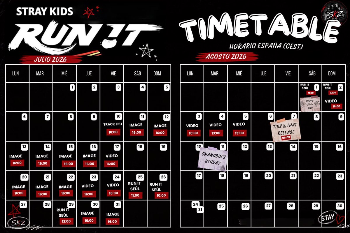 StrayKidsESP_'s tweet photo. 📌 TIMETABLE RUN IT — Horarios de España (CEST) 🇪🇸
He preparado este calendario para que sea más fácil seguir todas las promociones de THIS &amp; THAT.
¡Espero que os sea útil! ❤️✨
@Stray_Kids #StrayKids #스트레이키즈 #THIS_AND_THAT #RUN_IT
#YouMakeStrayKidsStay #StaySpain https://t.co/lATdnen2EN