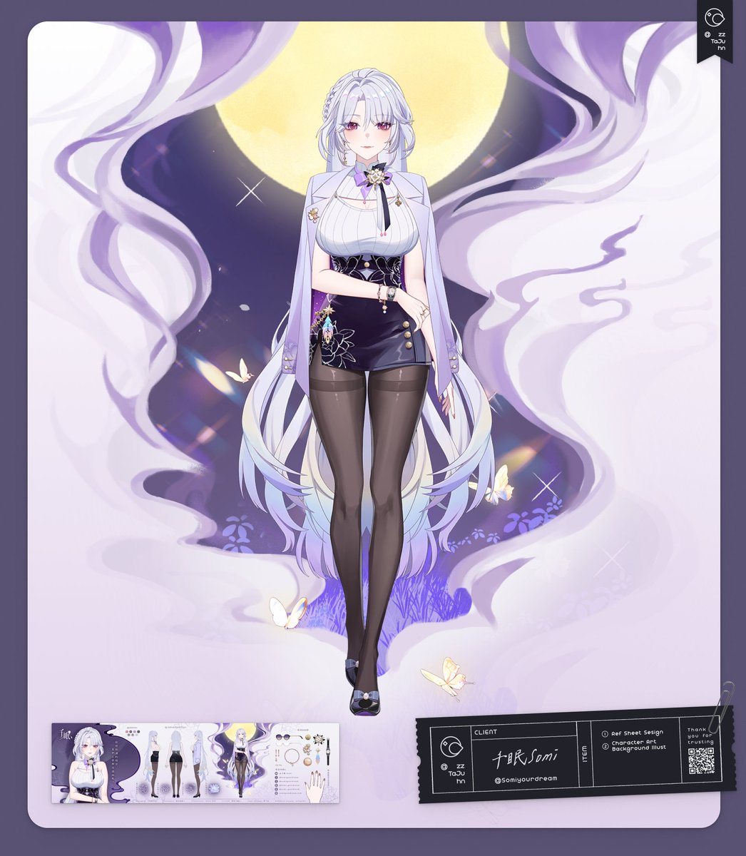 zzTajuhn's tweet photo. ꙳✧˖ Vtuber Graphics｜千眠Somi @Somiyourdream  ˖°⌖

繪製了千眠官網立繪背板以及三視圖的排版。
為了帶出千眠編織夢境的身分，使用了煙霧、蝴蝶、夜晚等元素構圖繪製。

今晚 9 點就是千眠第一次的配信了，讓千眠悄悄入住你的夢境吧...？ https://t.co/5xsbKlojVb