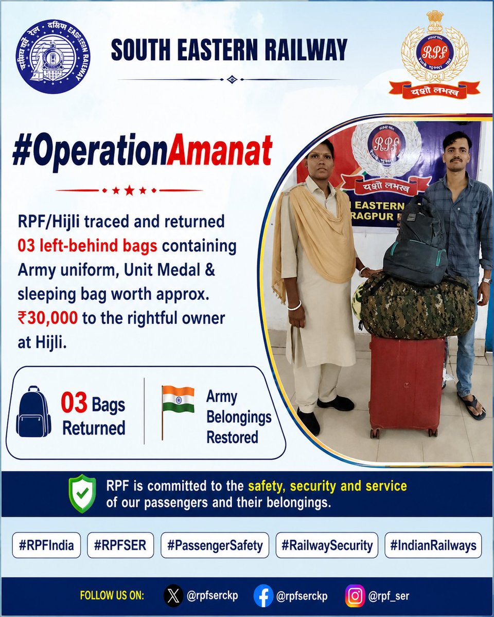 rpfser's tweet photo. #OperationAmanat  RPF/Hijli traced and returned 03 left-behind bags containing Army uniform, Unit Medal &amp; sleeping bag worth approx. ₹30,000 to the rightful owner at Hijli.  🎒 03 Bags Returned | 🇮🇳 Army Belongings Restored  #RPFIndia #RPFSER #PassengerSafety #RailwaySecurity https://t.co/6DAm1q90Qy
