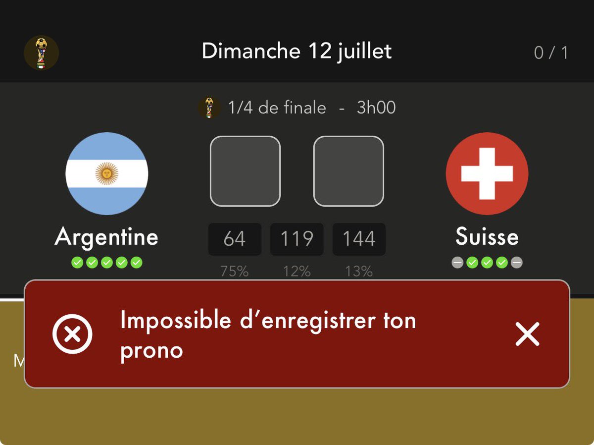 Snyps95's tweet photo. Hello @MonPetitGazon ! Dites voir je n’arrive pas à pronostiquer sur le quart de Argentine / Suisse c’est normal ? https://t.co/HZHAERyAia