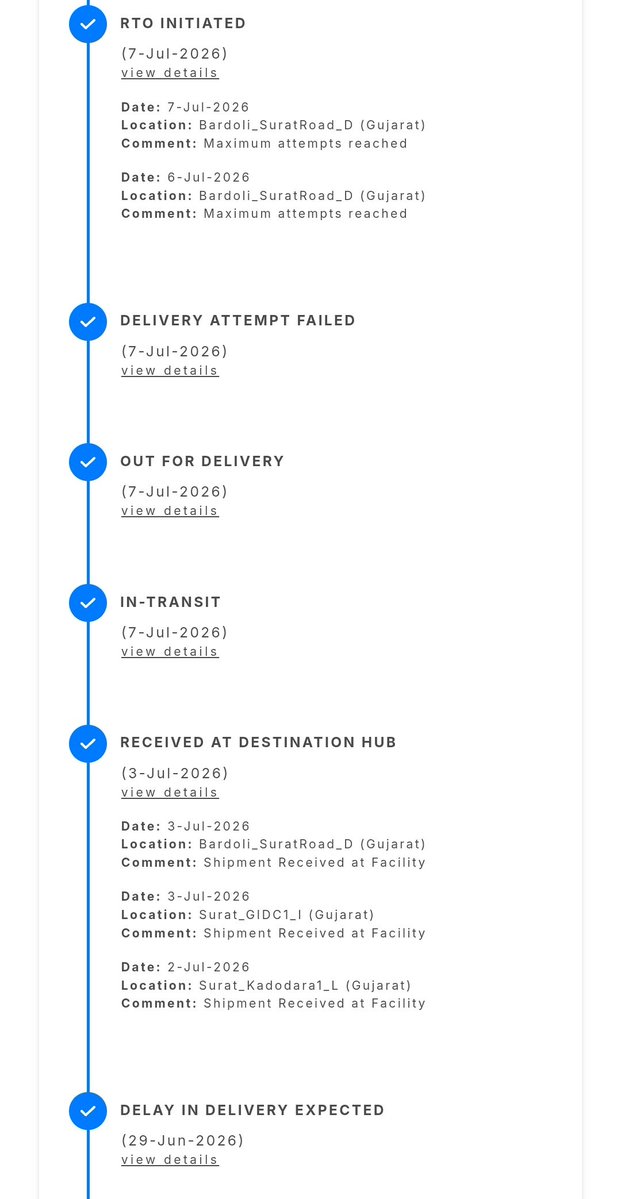 sandhya0707's tweet photo. @rajaneesan @Vamaship @TATASimplyBeter Your Delhivery partner roamed with or without parcel, never attended my calls, now say RTO on 7th and I'm after u all for the status. Horrible experience! https://t.co/E0kGgXWM8u