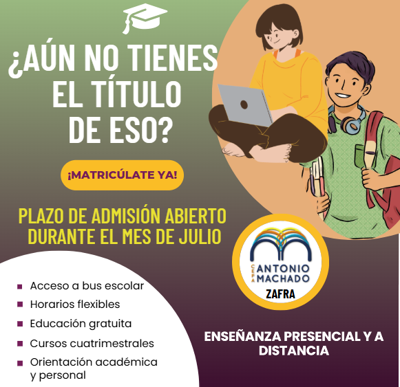 CEPA_Zafra's tweet photo. Si todavía no tienes tu título de la ESO, tu opción es el CEPA Antonio Machado de Zafra y sus aulas delegadas de Burguillos, Fuente de Cantos, Fuente del Maestre y Los Santos de Maimona. No dejes pasar la oportunidad y matricúlate en un centro de referencia para personas adultas. https://t.co/vO1PhFHreY