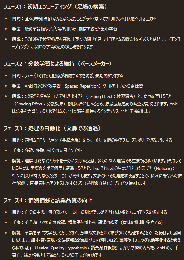 pochineko_learn's tweet photo. 語彙学習とAnkiの使い方を検討して記事にしました
前回より詳しく検討し、Ankiの位置づけや設定も考えてみました

ざっくりいうと
・まずは足場作りで日本語想起
・長期記憶へはAnkiにお任せ
・並行して多読多聴は必須
・難しいものは辞書なども活用

あと...→

https://t.co/FfFeFjgAGc https://t.co/dII1S1HWWE