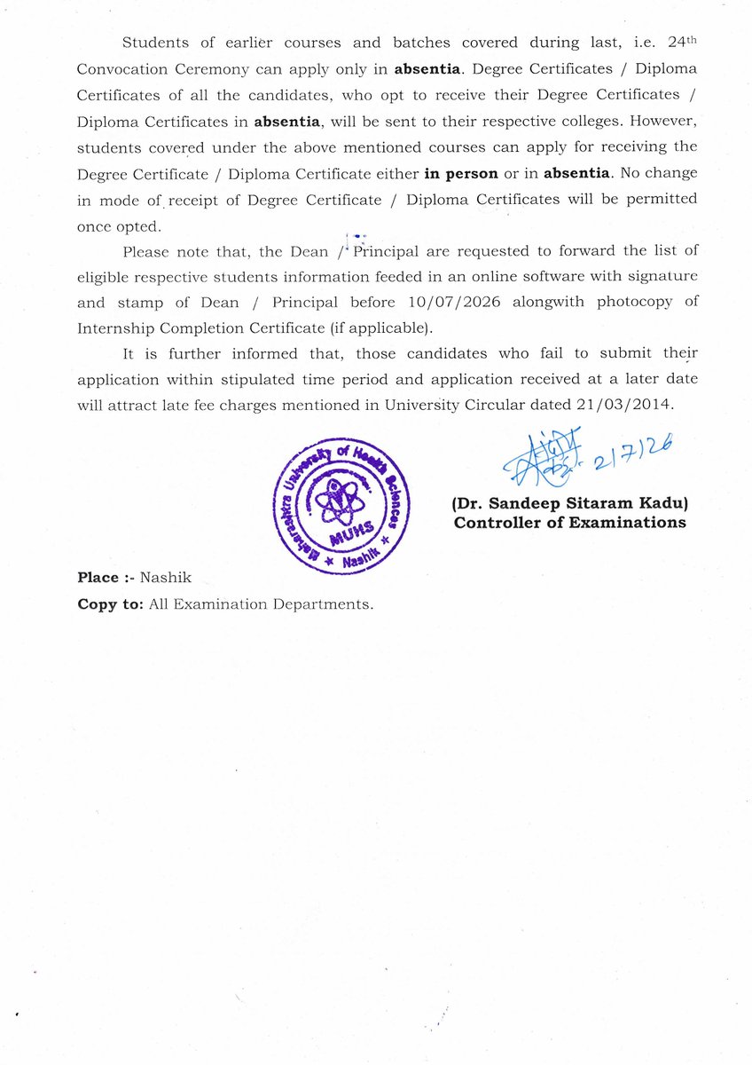 MuhsPro's tweet photo. Circular Regarding Convocation 2026.
.
.
#convocation2026 #convocation #muhs #muhsnashik #Nashik https://t.co/6cSVckB6Ah