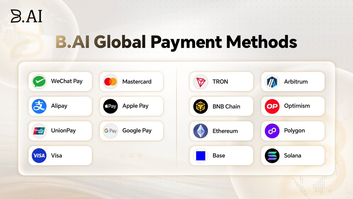BAI_AGI's tweet photo. 💡 https://t.co/mTw8ldBplF Global Payment Methods

Access https://t.co/mTw8ldBplF with flexible payment options across traditional finance and Web3 ecosystems, making AI services more accessible worldwide.

🌐 Global Payment Networks
Seamless support for Visa, Mastercard, Apple Pay, and Google Pay, enabling fast and convenient access.
💳 Local Payment Methods
Integrated with popular regional payment solutions including WeChat Pay, Alipay, and UnionPay for a smoother user experience.
🪙 Multi Chain Crypto Payments
Supporting major blockchain networks including TRON, Ethereum, BNB Chain, Arbitrum, Optimism, Polygon, Base, and Solana, bringing Web3 native payment flexibility to the AI ecosystem.

Within https://t.co/mTw8ldBplF, payments are more than transactions. They are the foundation connecting users, AI services, and the next generation of intelligent applications.

Build, access, and scale AI without borders.
👉 Enter the intelligent era with https://t.co/mTw8ldBplF: https://t.co/I89qQEvpGx