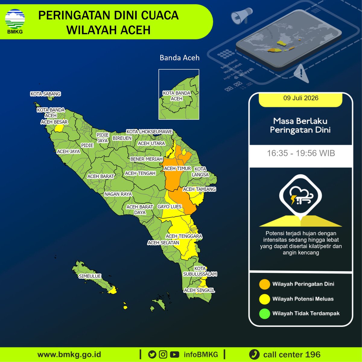 infoBMKG's tweet photo. Update Peringatan Dini Cuaca Wilayah - Aceh Tgl. 09 Juli 2026 pkl. 16:35 WIB
Prakirawan - BMKG - Aceh
https://t.co/aLGQan6XsM https://t.co/I4lwA8obph