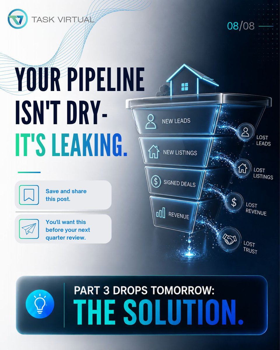 TaskVirtual's tweet photo. Your pipeline is not dry. It is leaking. TaskVirtual helps real estate agents outsource admin, organize leads, improve follow-up speed, and protect more commission income. Ready to fix the revenue leaks?

hire a VA, TaskVirtual, real estate virtual assistant https://t.co/LNj1y4DGhM