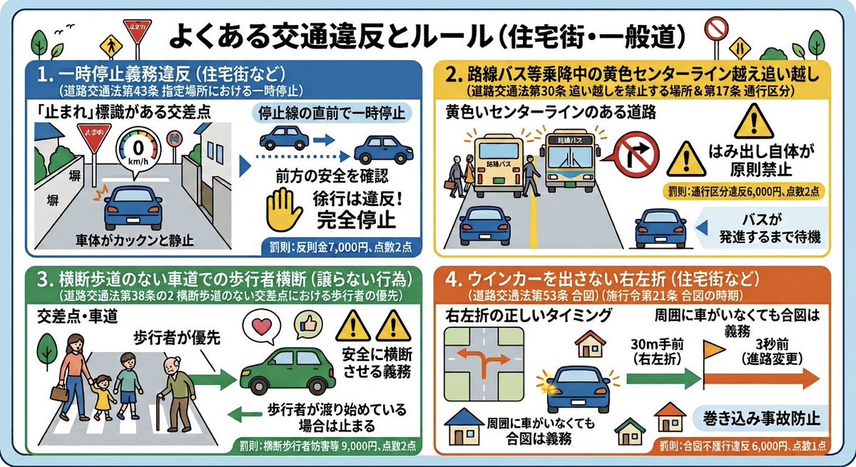 SojiroHongo's tweet photo. 本当に毎日思いますが、この4つを守れていない人が9割です

運転の際は必ず守ってもらいたい。

特に1番と4番

1 一時停止義務違反（住宅街など）
住宅街の信号機のない交差点などで「止まれ」の標識や道路標示がある場所では 完全に車輪を止めなければいけません

道路交通法 第43条（指定場所における一時停止）
車両等は 交通整理が行なわれていない交差点又はその手前における道路において 道路標識等により一時停止すべきことが指定されているときは 信号機の表示する信号に従う場合を除き 道路標識等による停止線の直前（停止線がない場合は 交差点の直前）で一時停止しなければならない

住宅街での注意点と現状

 完全停止の定義：
スピードメーターが「0km/h」になり 車体がカックンと静止する状態を指します 徐行（すぐに止まれる速度）では違反です

 見通しの悪い交差点：
住宅街は塀や建物で死角が多いため 停止線で一度完全に止まった後 じわじわと前に出て左右の安全を確認する必要があります（二段階停止）

 罰則：反則金（普通車7,000円） 基礎点数2点

2 路線バス等乗降中の黄色センターライン越え追い越し

黄色いセンターライン（追い越しのための右側部分はみ出し通行禁止）がある道路で 停車中の路線バスを追い越す行為は 原則として法律違反になります

道路交通法 第30条（追い越しを禁止する場所）及び第17条（通行区分）
道路標識等により追越しのため右側部分にはみ出して通行することが禁止されている道路においては 前方の車両を追い越すために中央線を越えてはならない

バスが「停車中」の場合の法解釈

 追い越しと追い抜きの違い：
動いているバスを黄色い線を越えて抜くのは完全に「追い越し」となり違反です 一方で 乗降客のために完全に「停車」しているバスを避ける行為は「障害物の回避（追い抜き）」とみなされるケースもあります

 ただし実務上の厳格なルール：
黄色い実線は「はみ出し自体が禁止」されているため たとえ停車中のバスであっても 黄色い線を一歩も越えずに側方を通過できない限り 原則としてはバスが発進するまで後ろで待機しなければなりません 無理にはみ出して通過すると 通行区分違反などに問われる可能性が極めて高いです

 罰則：通行区分違反（普通車6,000円） 基礎点数2点

3 横断歩道のない車道での歩行者横断（譲らない行為）

横断歩道がない場所であっても 歩行者が道路を横断している（または横断しようとしている）場合 車両側には安全に通行させる義務があります

道路交通法 第38条の2（横断歩道のない交差点における歩行者の優先）
車両等は 交差点又はその直前で横断歩道の設けられていない道路を横断している歩行者の通行を妨げてはならない

道路交通法 第13条（歩行者の横断の禁止）及び第14条（視覚障害者等の保護）

車両の運転者は 歩行者が横断しているときは その歩行者の直前で停止できるような速度で進行し かつ 安全に横断できるようにしなければならない

優先関係の真実

 横断歩道がなくても歩行者優先：
交差点において横断歩道が設置されていなくても 歩行者が渡り始めている場合は車が止まらなければなりません

 歩行者側のルールとの兼ね合い：
道交法第13条では 歩行者に対して「車両等の直前又は直後で横断してはならない（斜め横断の禁止など）」と定めていますが これは車側に「譲らなくていい権利」を与えるものではありません 車側には常に「歩行者保護義務（道交法第70条の安全運転義務）」が重くのしかかります

 罰則：横断歩行者等妨害等違反（普通車9,000円） 基礎点数2点

4 ウインカーを出さない右左折（住宅街など）

住宅街の細い路地であっても 進路を変更したり右左折したりする際は 必ず法律で定められたタイミングで合図（ウインカー）を出さなければなりません

道路交通法 第53条（合図）
車両等の運転者は 左折し 右折し 転回し 進路を変え 行進し 又は同一の方向に進行しながら進路を左側若しくは右側に変えるときは 手の合図 方向指示器又は灯火により合図をし かつ これらの行為を終わるまで その合図を継続しなければならない

合図を出す正しいタイミング（施工令第21条）

 右左折の場合：
その行為をしようとする交差点の手前の 30m手前 の地点に達したとき

 進路変更（車線変更など）の場合：
その行為をしようとする 3秒前

 住宅街での危険性：
道幅が狭く歩行者や自転車との距離が近い住宅街では 「誰もいないだろう」という思い込みによるウインカーの省略が巻き込み事故に直結します 周囲に車がいなくても 合図を出すことは絶対義務です

 罰則：合図不履行違反（普通車6,000円） 基礎点数1点
