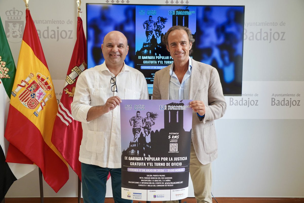 aytodebadajoz's tweet photo. 👟⚖️ El próximo 17 de julio se celebra la IX Carrera Popular por la Justicia Gratuita y el Turno de Oficio con salida a las 21:00 desde Puerta de Palmas.

➡️ El concejal delegado de Deportes, Juan Parejo, ha participado en la rueda de prensa de presentación organizada por el #ICABA. 

📝 Las inscripciones ya pueden realizarse.

📹 Rueda de prensa completa en Badajoz Online. 
https://t.co/iee5YBe10W