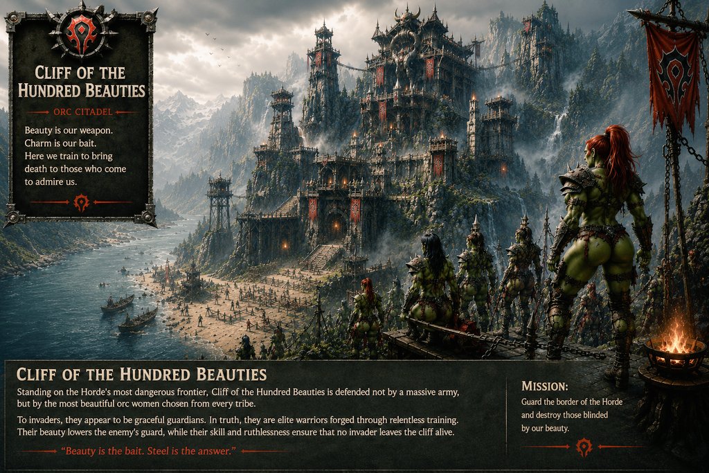 Aicreator17's tweet photo. 🏰 New series: Orc Lands!
🛡️⚔️Cliff of the Hundred Beauties

New location, description in the comments.
#AIart #Mao #pvp_vibe
https://t.co/FKGwstUoBA https://t.co/qMQL8HbZAS