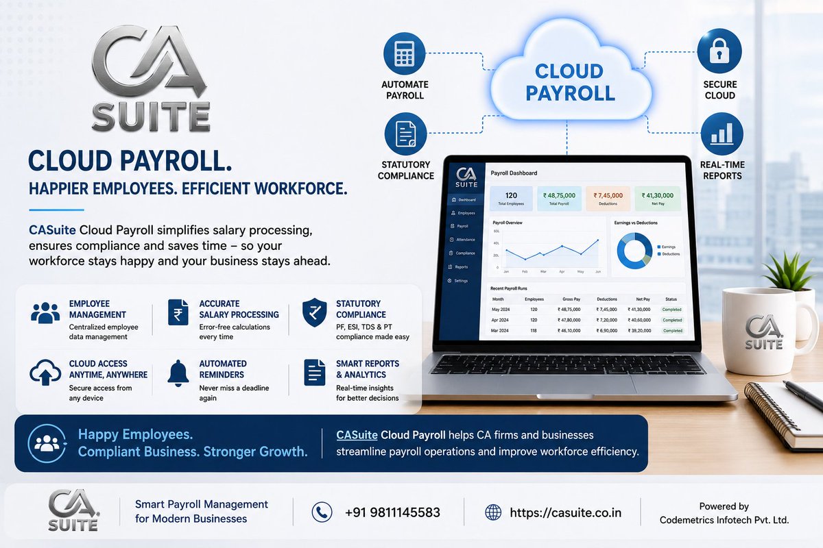 CodemetricsInfo's tweet photo. How Cloud Payroll Platforms Improve Workforce Efficiency?
📅 Book a Demo: https://t.co/jLEH03RXU9
🌐 Website: https://t.co/T5uRSkTAO6
📞 Contact: +91 9811145583
#CASuite #CloudPayroll #PayrollManagement #PayrollSoftware #WorkforceEfficiency #HRTech #PayrollAutomation #TDS https://t.co/UBE2UgaMWS