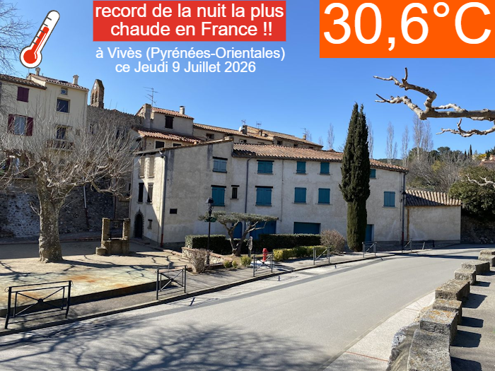 Meteovilles's tweet photo. 🌡️ Le record de France de #chaleur nocturne a été battu cette nuit à Vivès dans les #PyrénéesOrientales ! Il n'a pas fait moins de 30,6°C, devant les 30,5°C du 01/08/2017 à Marignana (2A) et les 30,4°C du 23/08/2023 à Menton (06) ! https://t.co/nIg6PCVanK