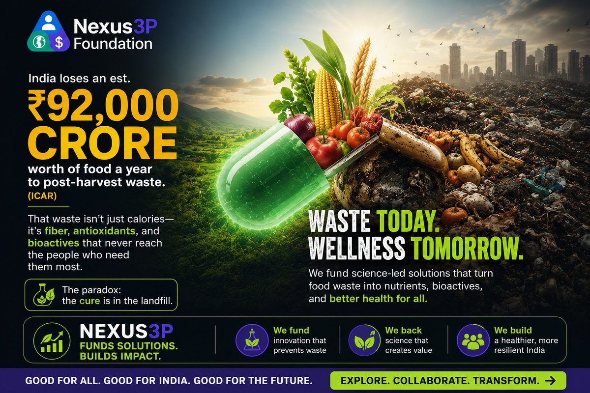 Nexus3p's tweet photo. [2/4] India loses an est. ₹92,000 crore worth of food a year to post-harvest waste (ICAR). That waste isn't just calories  it's fiber, antioxidants, and bioactives that never reach the people who need them most. The paradox: the cure is in the landfill.#WasteToWellness #nexus3p https://t.co/740wjKtiBN