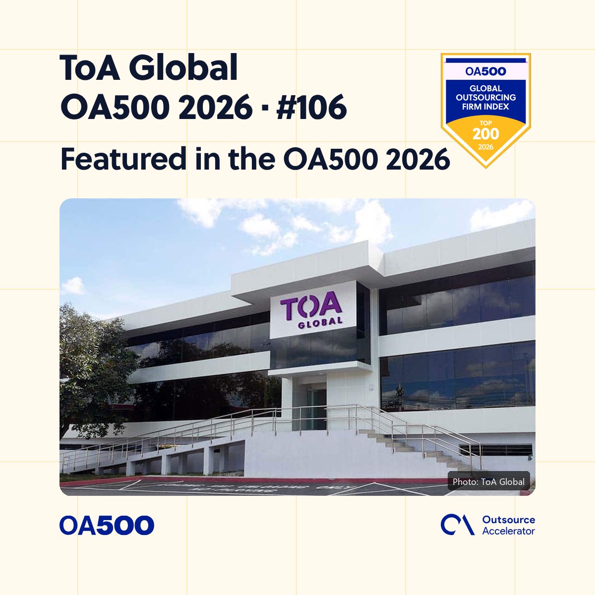 outsourceaccel's tweet photo. Congrats to @TOAGlobal — ranked #106 in the OA500 2026.

Total Footprint × QA Score: 239.25 · Top 200.

Full 2026 index → https://t.co/gghKlnPZH7

#OA500 #ToAGlobal https://t.co/WyXfw0F5Tw