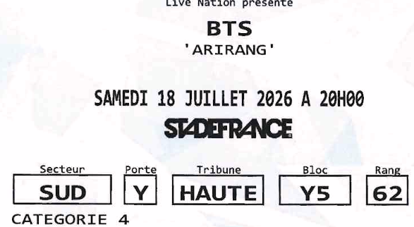 AvrilBreta's tweet photo. Je vends 1 place pour le concert de BTS à Paris
📅 18 de juillet
📍 Cat 4, Bloc Y5, Rang 62 
💶 Prix: 100,50 € (prix original)

Je cherche quelqu'un avec qui y aller

N'hésitez pas à me contacter en DM si vous êtes intéressée #BTS #BTSParis https://t.co/TxER1yKZuo