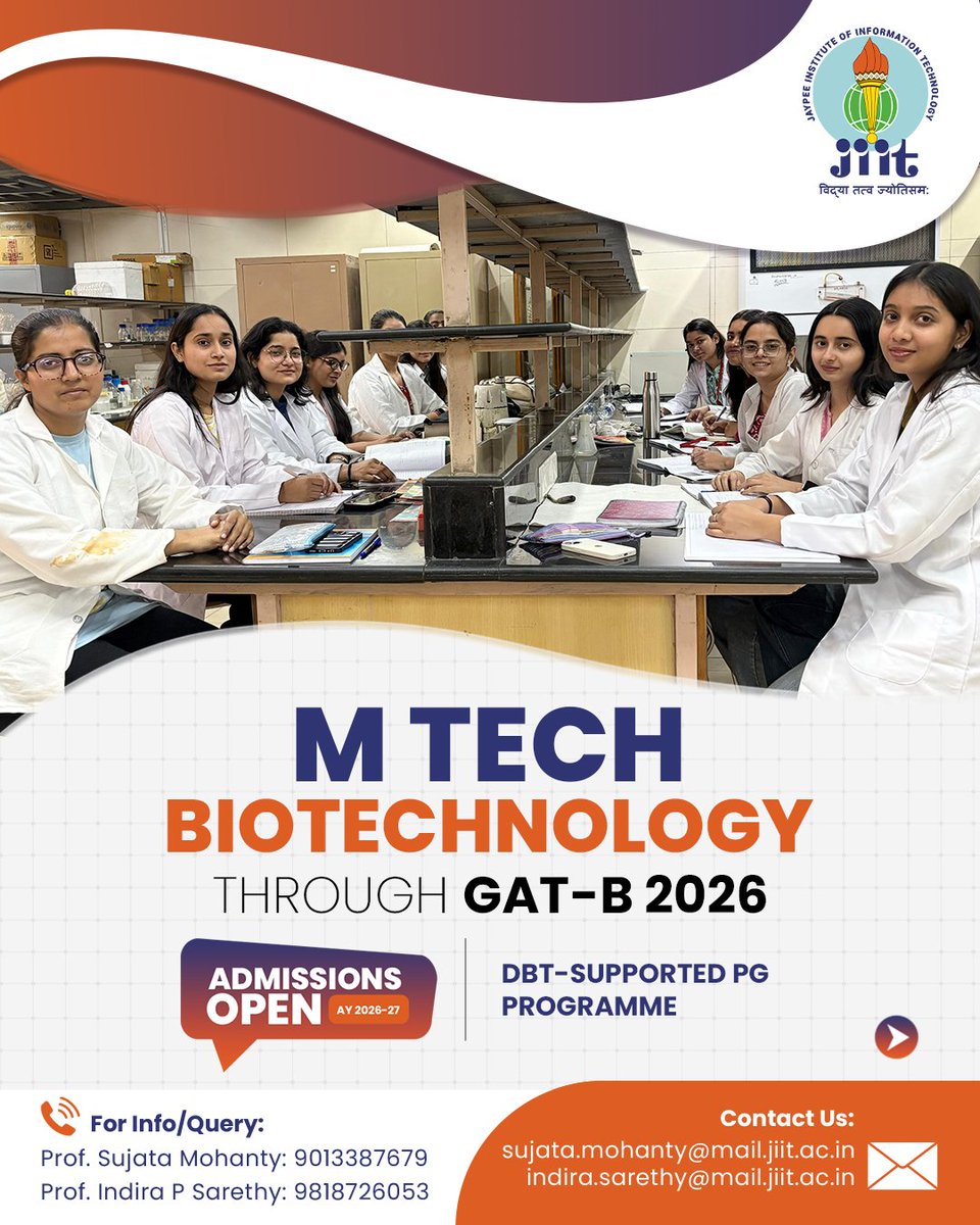 JaypeeUniversi2's tweet photo. Transform your passion for biotechnology into a future-ready career.

Discover https://t.co/7fbpEYacDF Biotechnology at JIIT with research-driven learning, interdisciplinary exposure and exciting career opportunities.

Apply Now via https://t.co/ILzElghMrS https://t.co/6sytnIYGqY