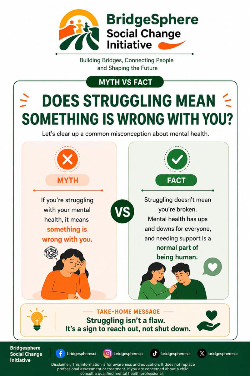 BridgesphereSCI's tweet photo. Struggling ≠ something's wrong with you.
It means you're human.
Reach out. That's strength, not weakness.
#RISEforMentalHealth #BridgeSphere #MentalHealthMatters https://t.co/v3iFo9wTz1